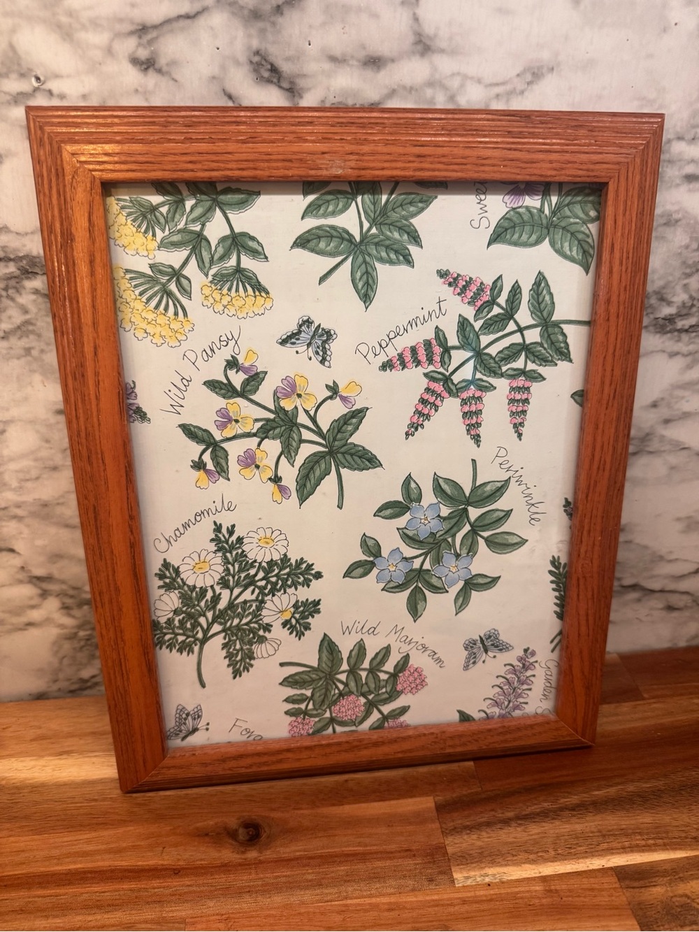 Botanical Print in Oak Frame - Green, Yellow & Pink Floral Art